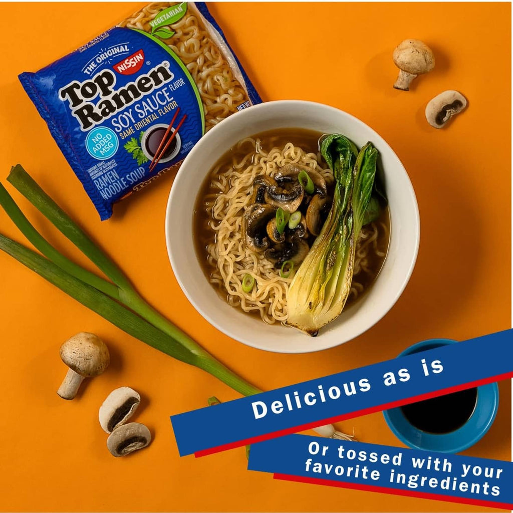 Top Ramen soy sauce instant ramen bowl with vegetables and seasoning packet