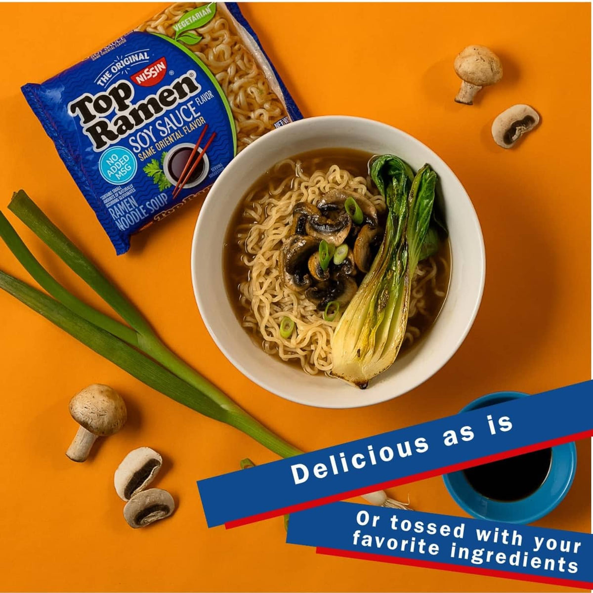 Top Ramen soy sauce instant ramen bowl with vegetables and seasoning packet