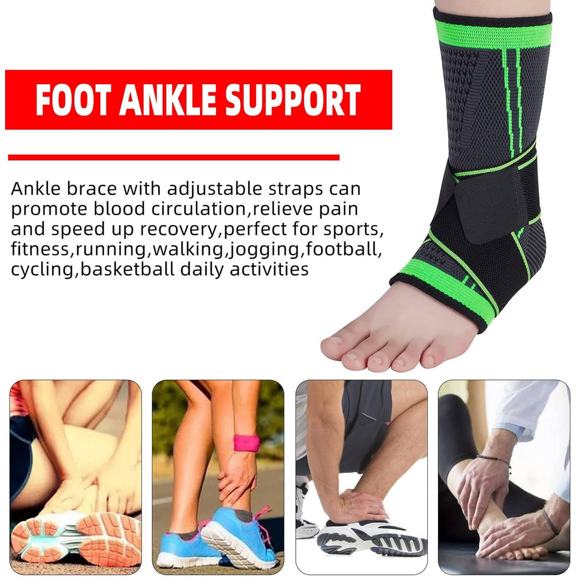 Black ankle support brace with neon green stripes, worn on ankle