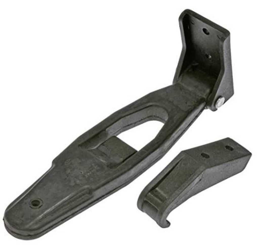 Hood latch assembly bracket with latch handle and mounting plate, dark metal