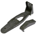 Hood latch assembly bracket with latch handle and mounting plate, dark metal