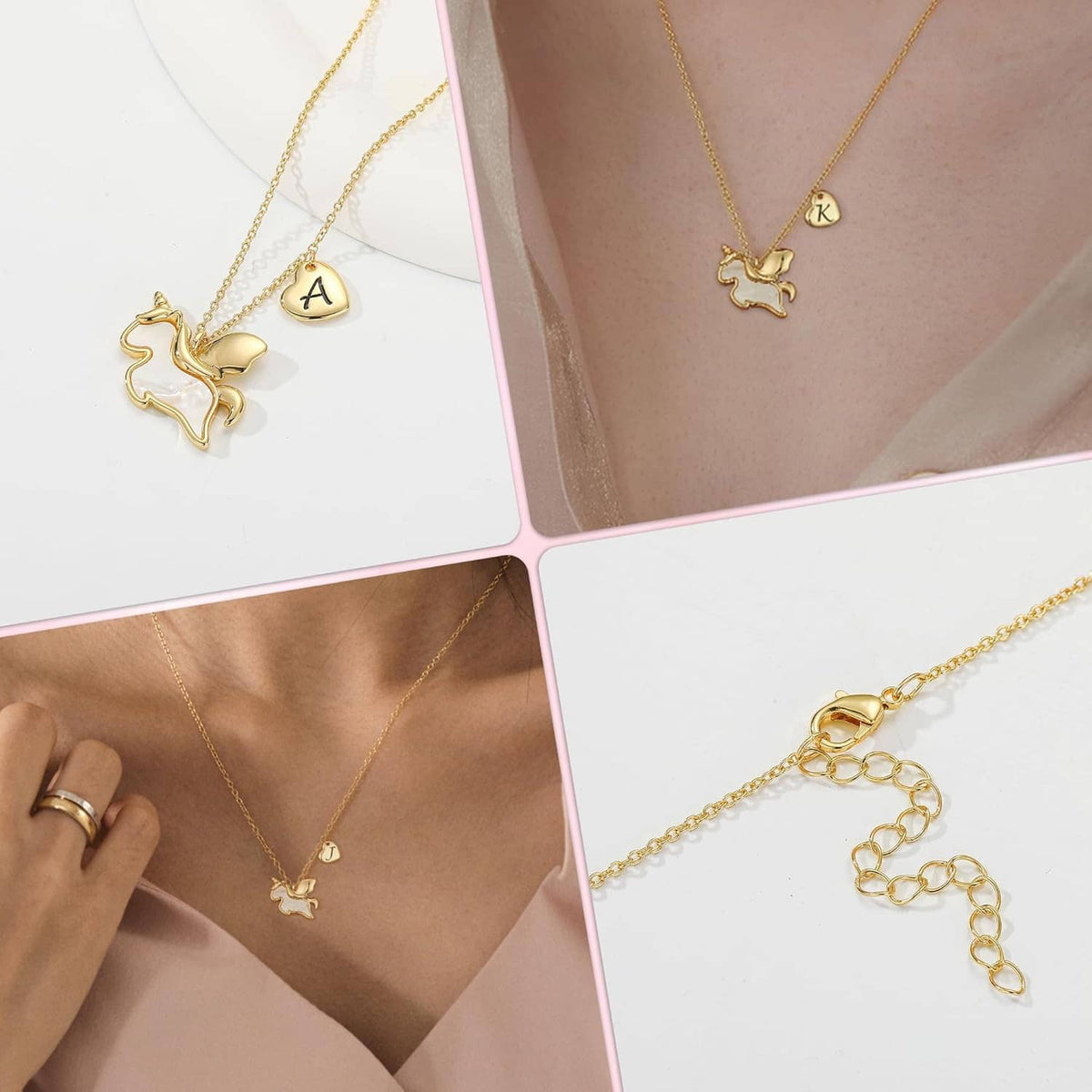 Gold unicorn pendant necklace with heart initials A and K, shown on models.