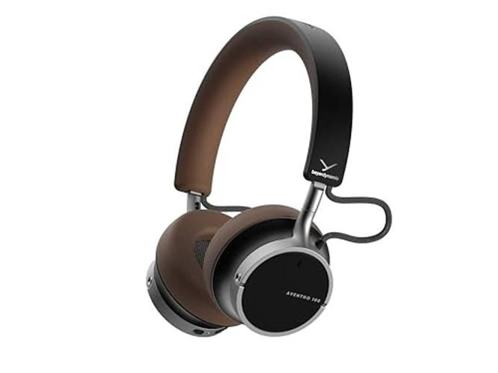 Brown and black on-ear wireless Bluetooth headphones, round ear cups and padded headband