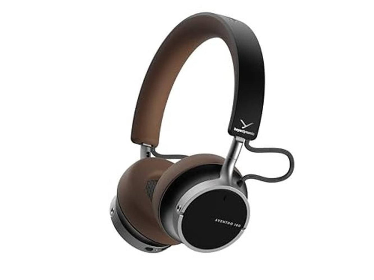 Brown and black on-ear wireless Bluetooth headphones, round ear cups and padded headband