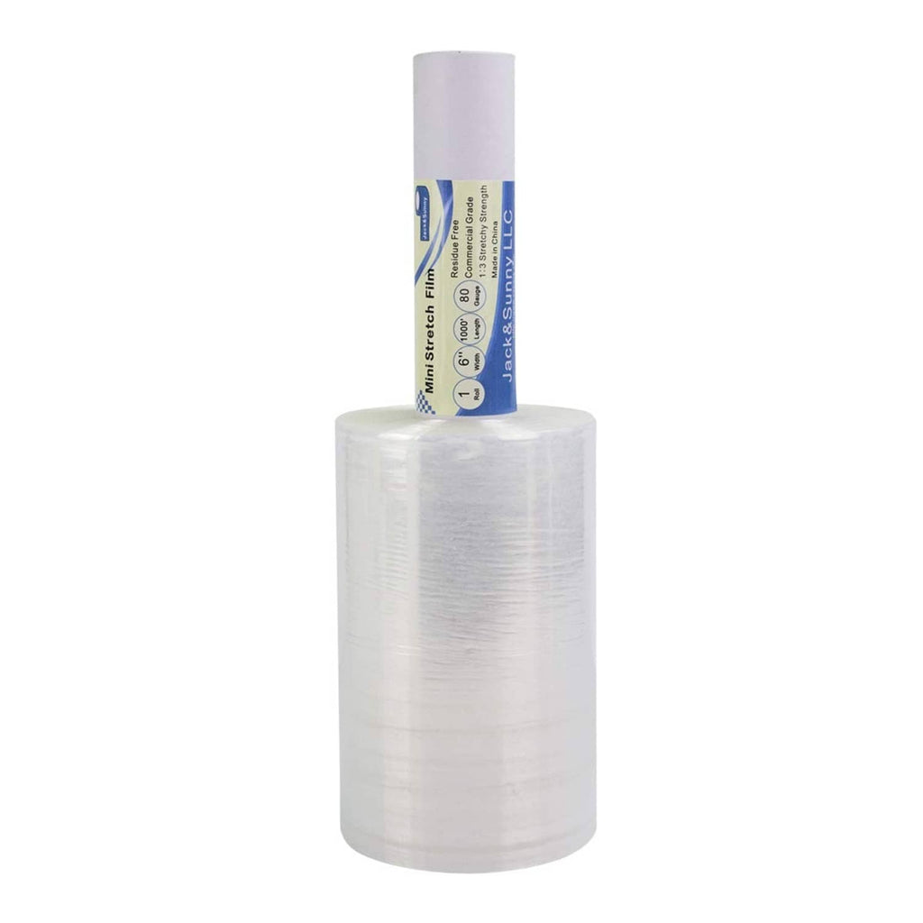 Clear stretch wrap plastic roll with white core, tightly wound transparent film