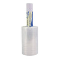 Clear stretch wrap plastic roll with white core, tightly wound transparent film