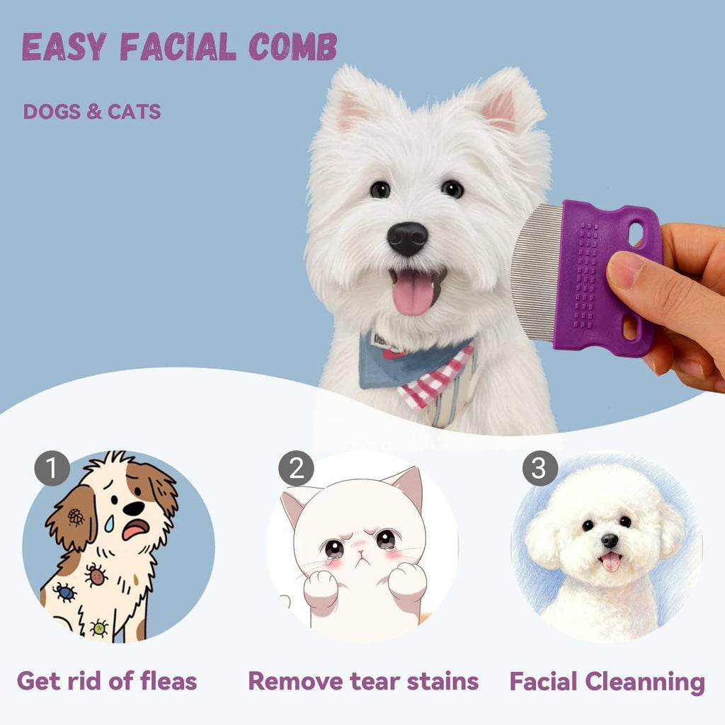 Purple pet facial comb held near a small white dog’s face