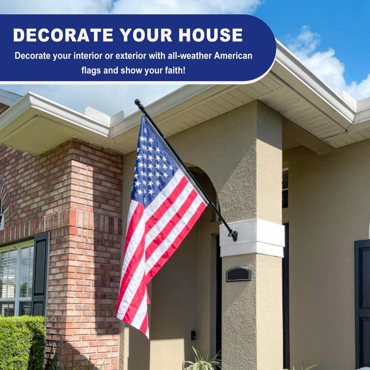 American flag on a porch pole, waving with star field and red stripes