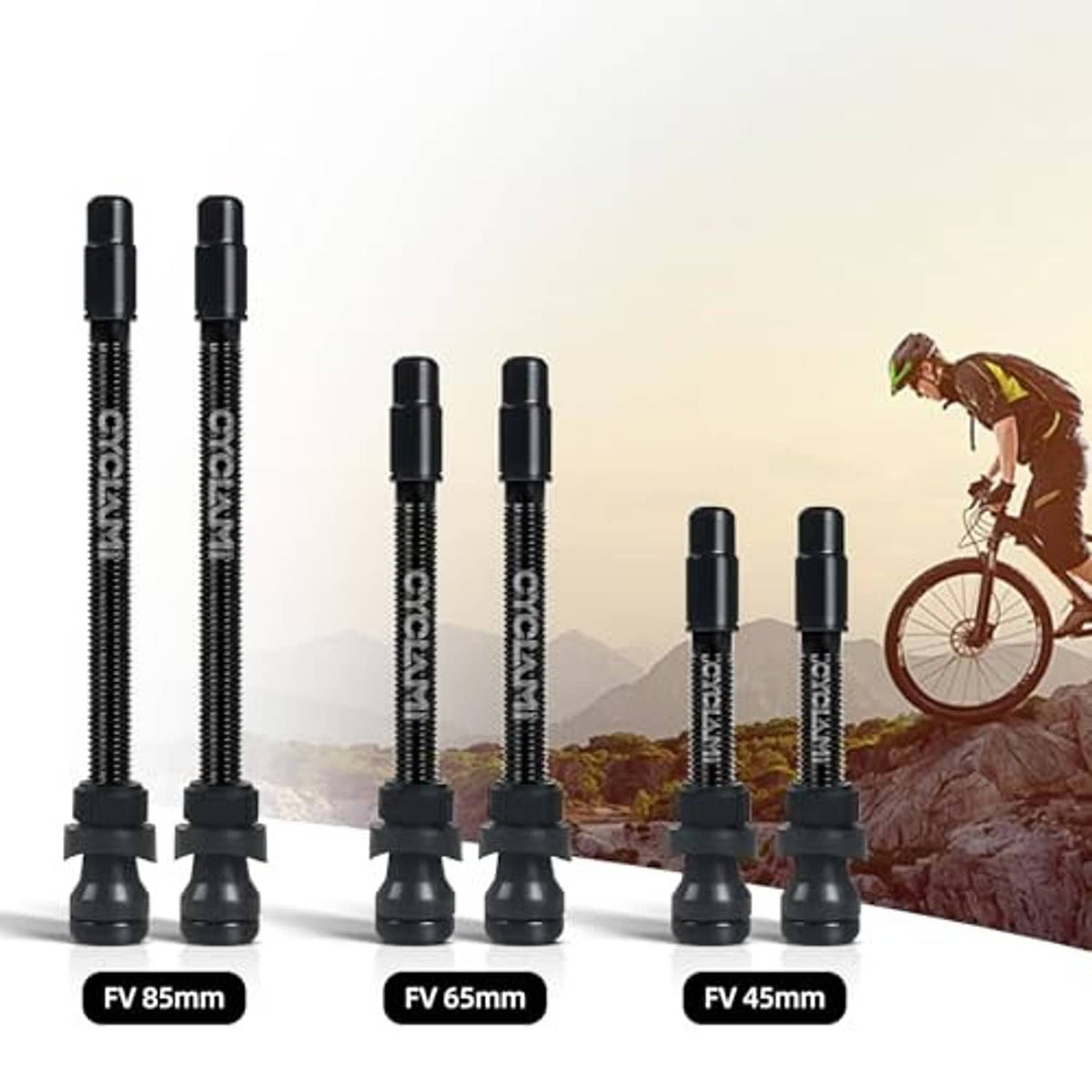 Set of black Presta tubeless valve stems in multiple lengths with dust caps