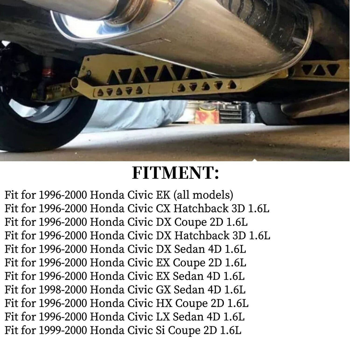 Rear tie bar under car chassis, silver brace visible beneath exhaust and suspension