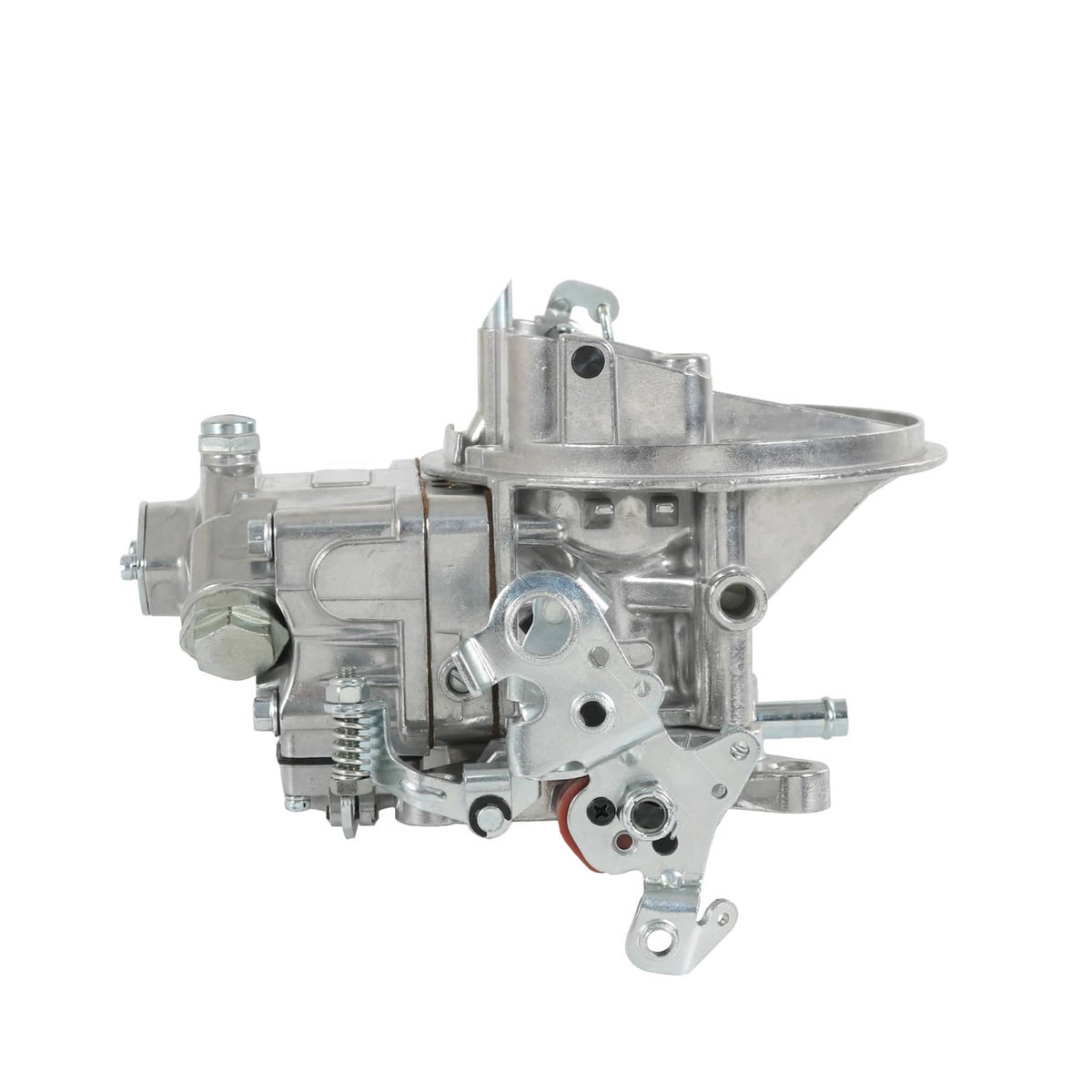2-barrel carburetor left-side view with mounting bracket and hose fittings