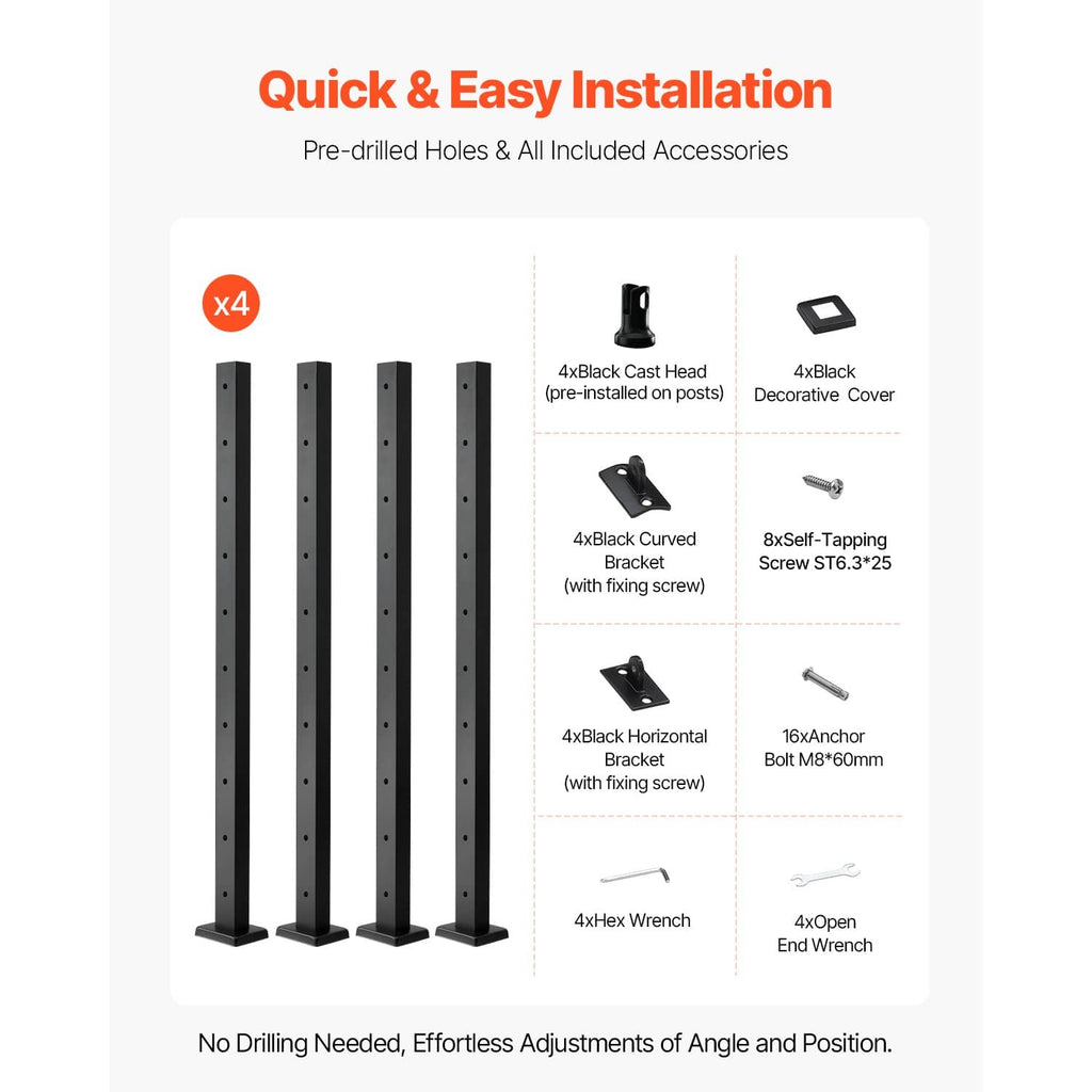 4-pack black railing posts with predrilled holes and included mounting hardware