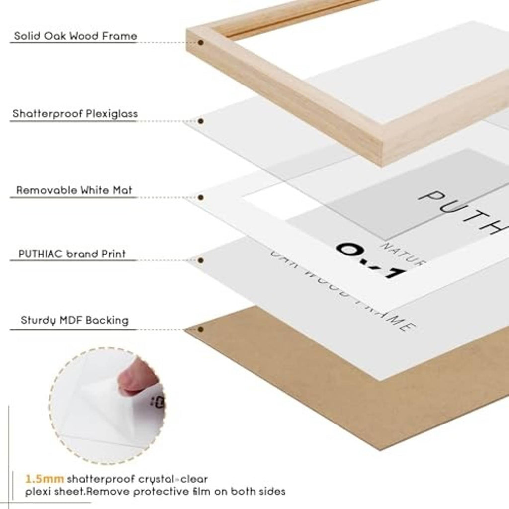 Solid oak wood frame with shatterproof plexiglass, removable white mat, MDF backing