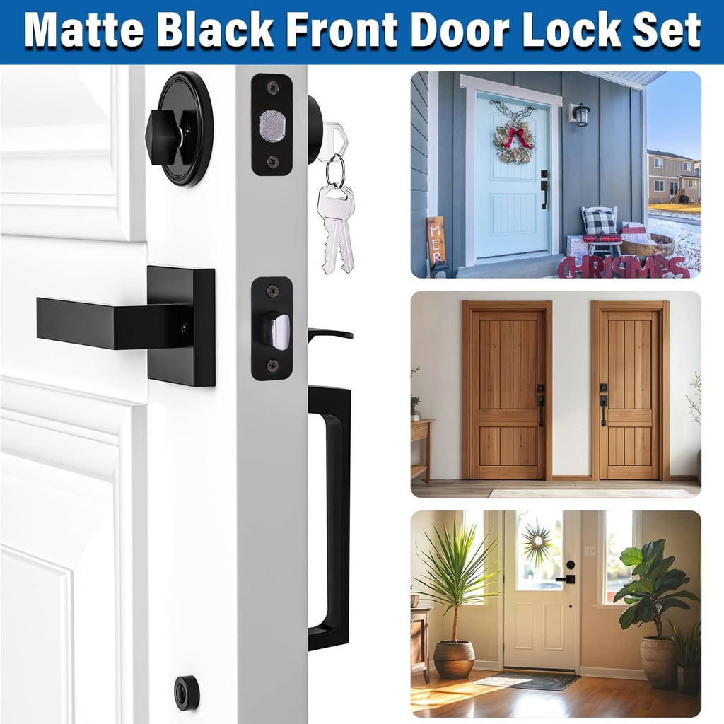 Matte black front door lock set with handle, deadbolt, and key ring