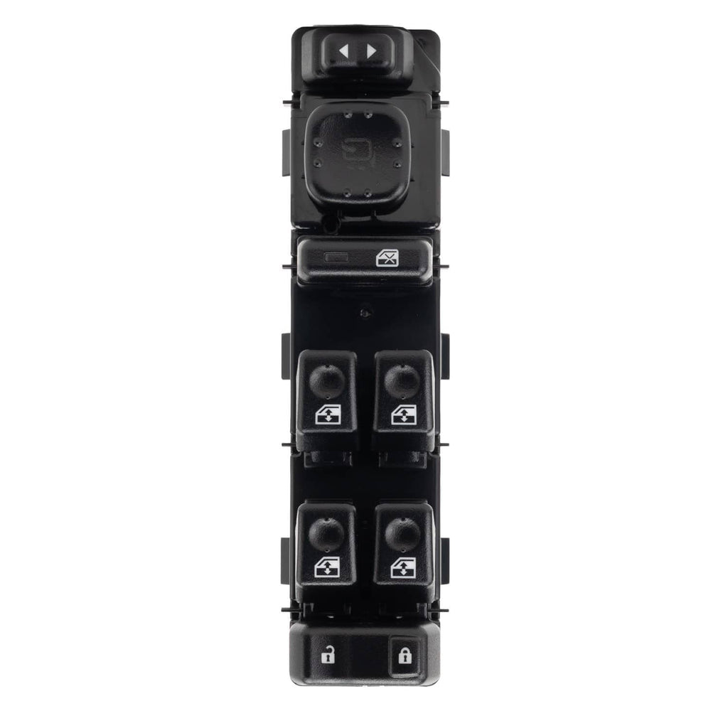 Power window control switch module with window, mirror and lock icons, black