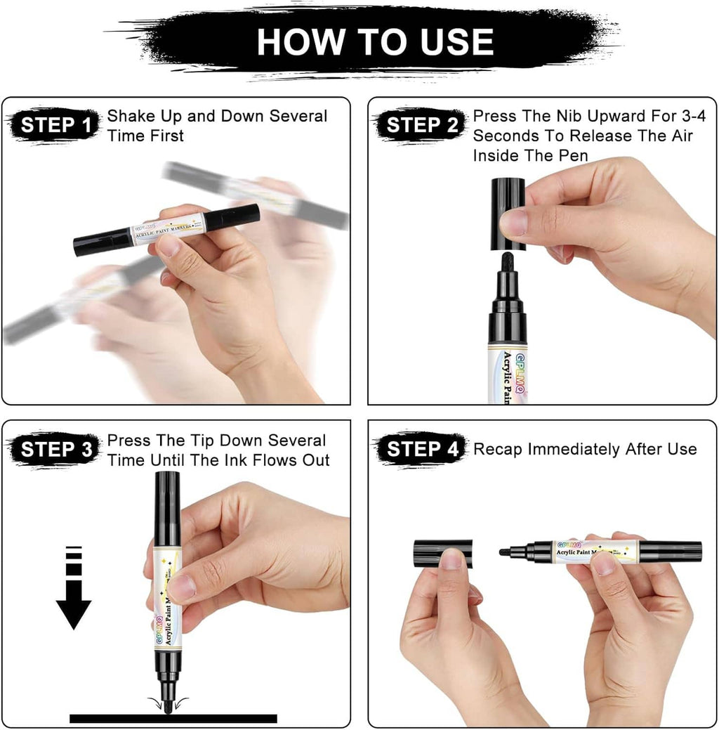 How-to-use guide for acrylic paint markers: shake, press, draw, then recap