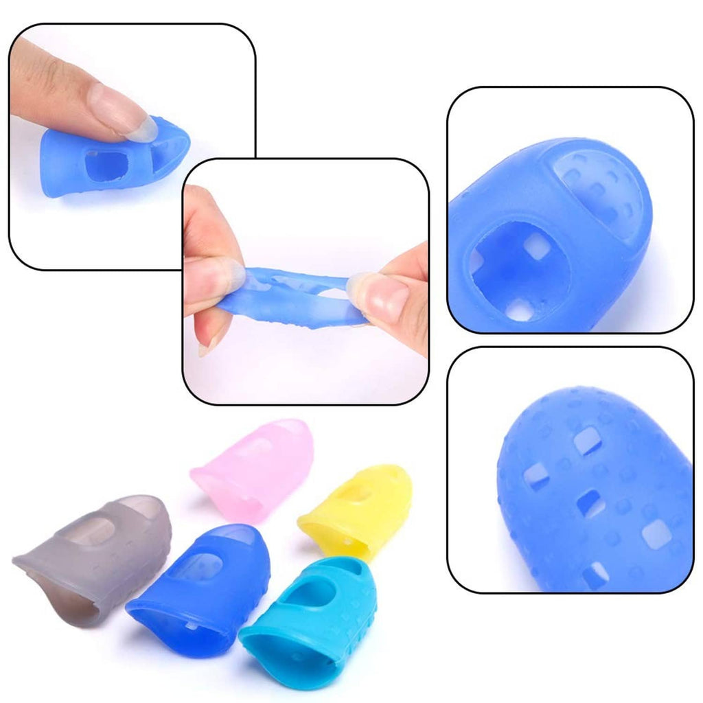Silicone guitar finger guards in blue, pink, yellow, and gray with finger openings