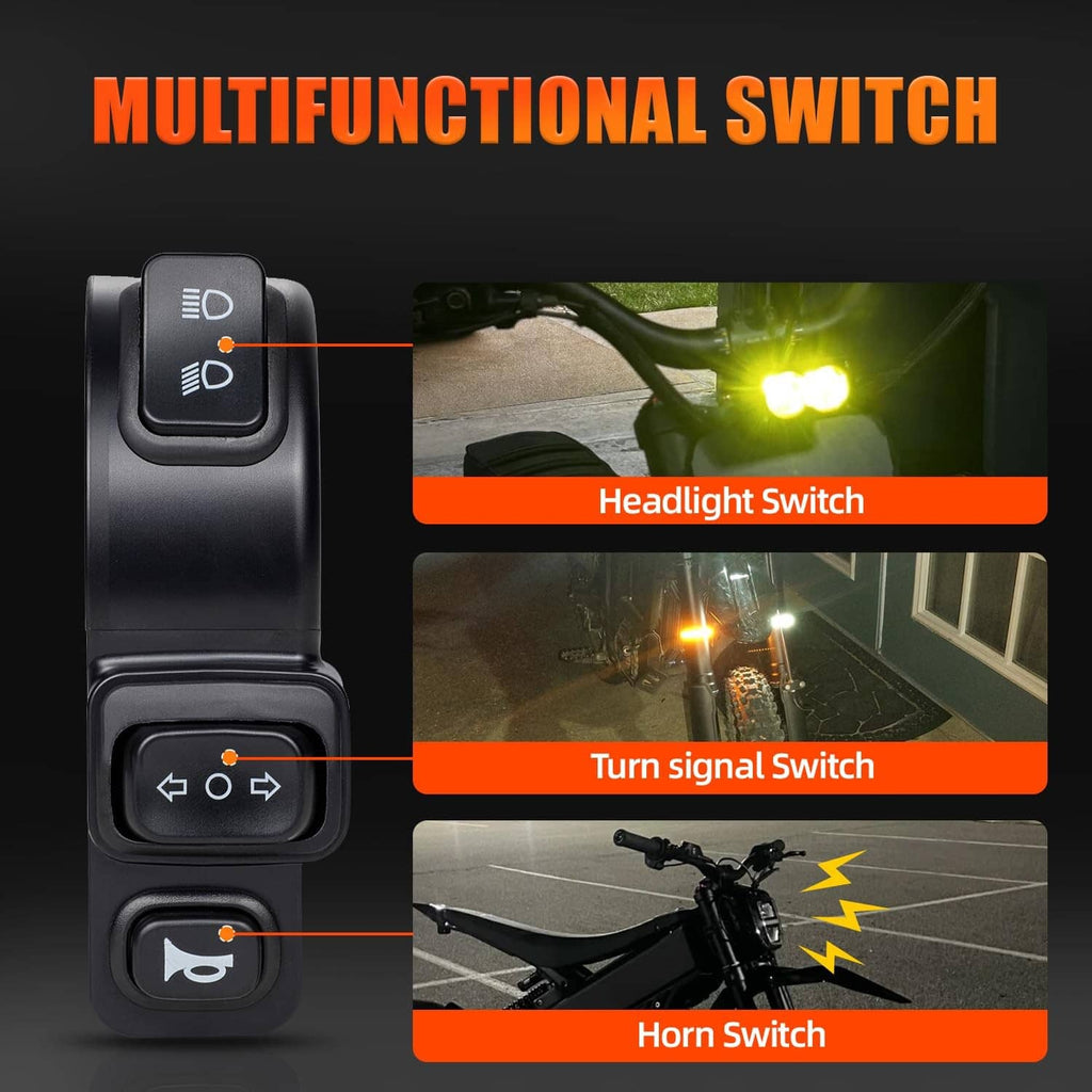 Black multi-function switch module with labeled rocker buttons for lights and signals