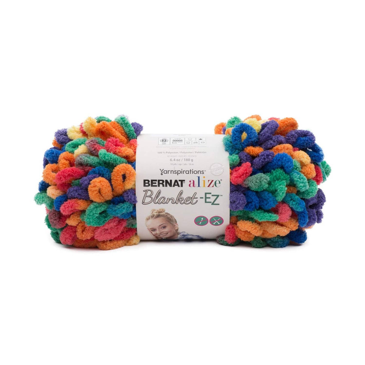 Bright rainbow fuzzy yarn for easy no-needle blanket, two skeins with label