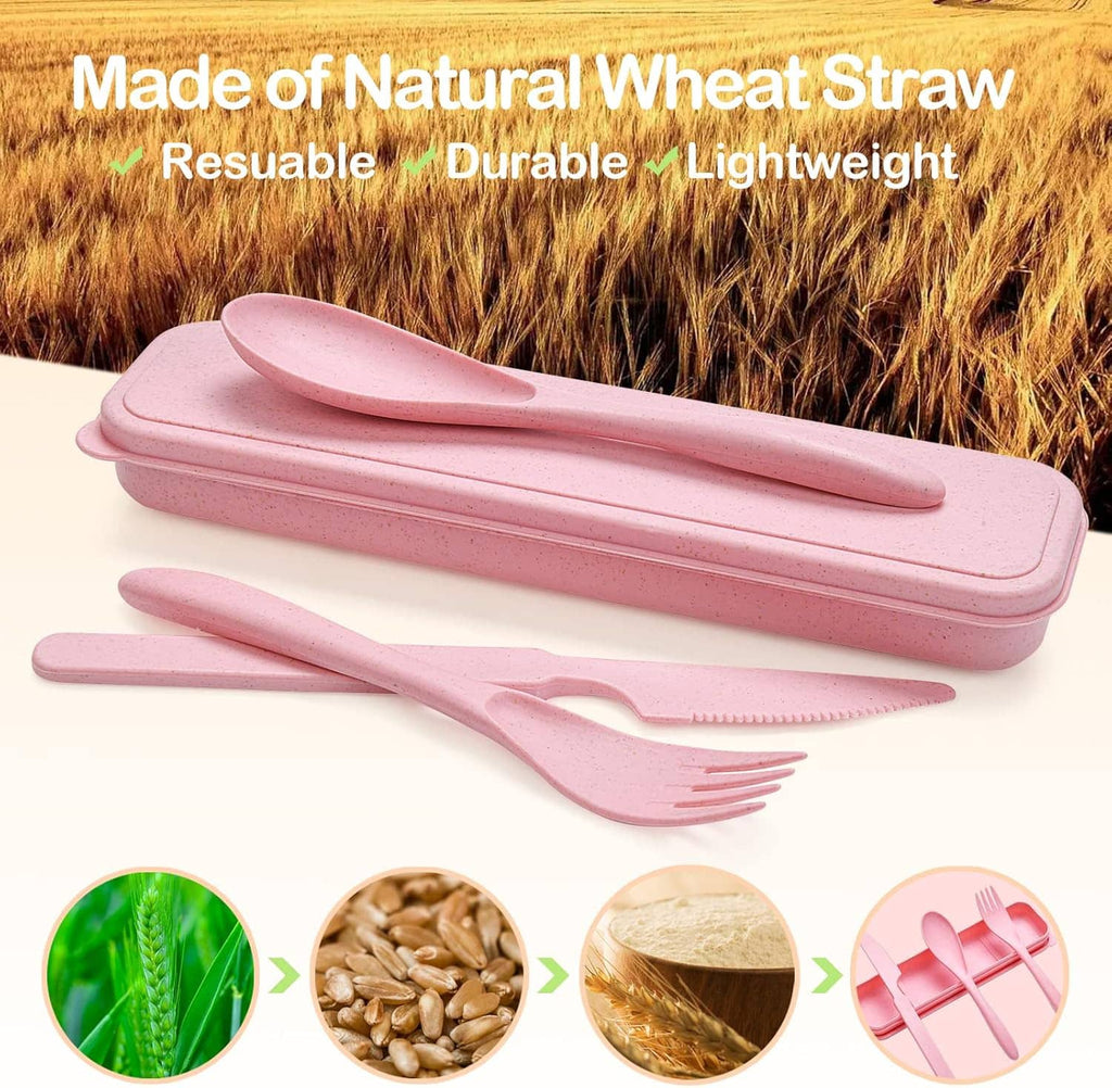 Pink wheat straw cutlery set with fork and knife in a matching hinged case