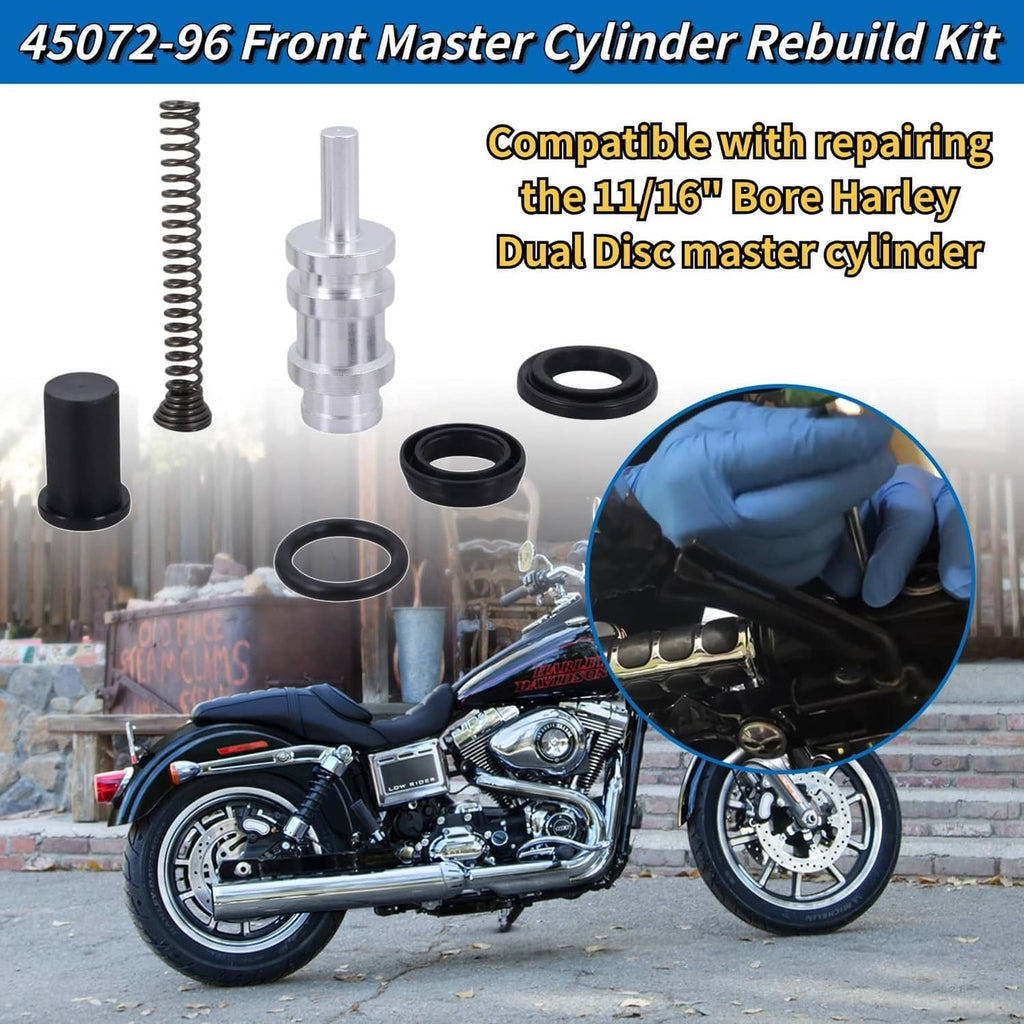 Front master cylinder rebuild kit components: piston, spring, and two O-ring seals