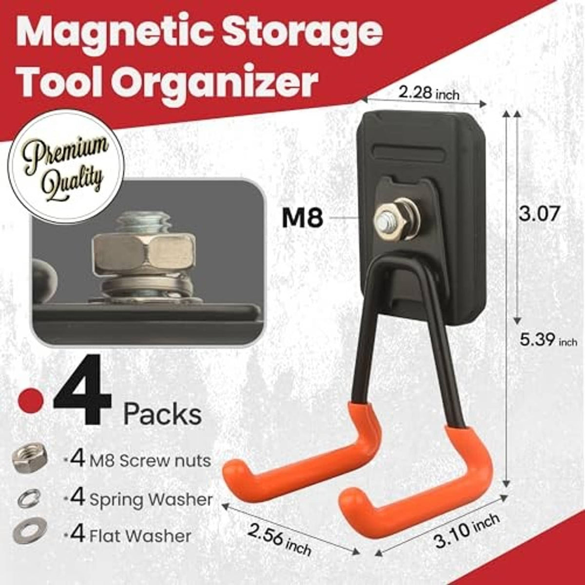 Single magnetic tool organizer hook, black base with orange rubber-coated hook