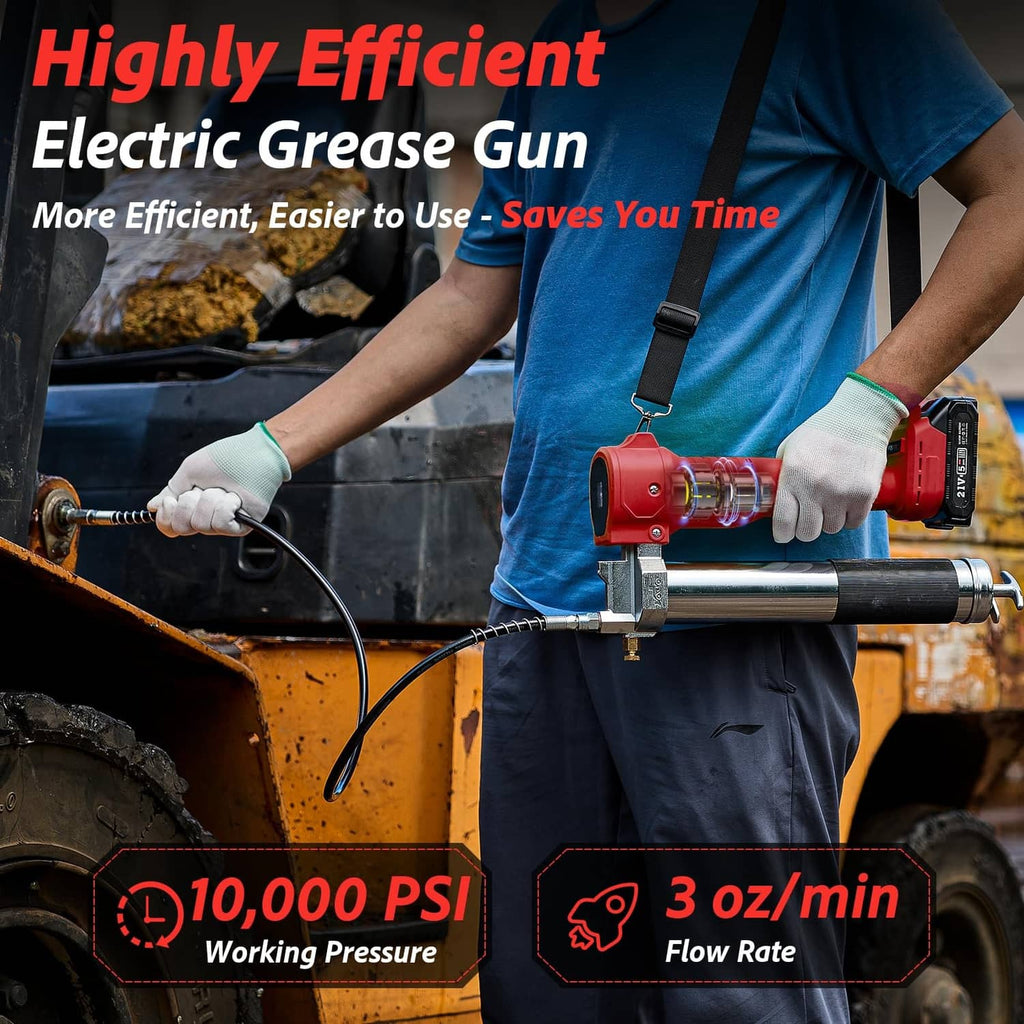 Red cordless electric grease gun with hose, held by gloved hands