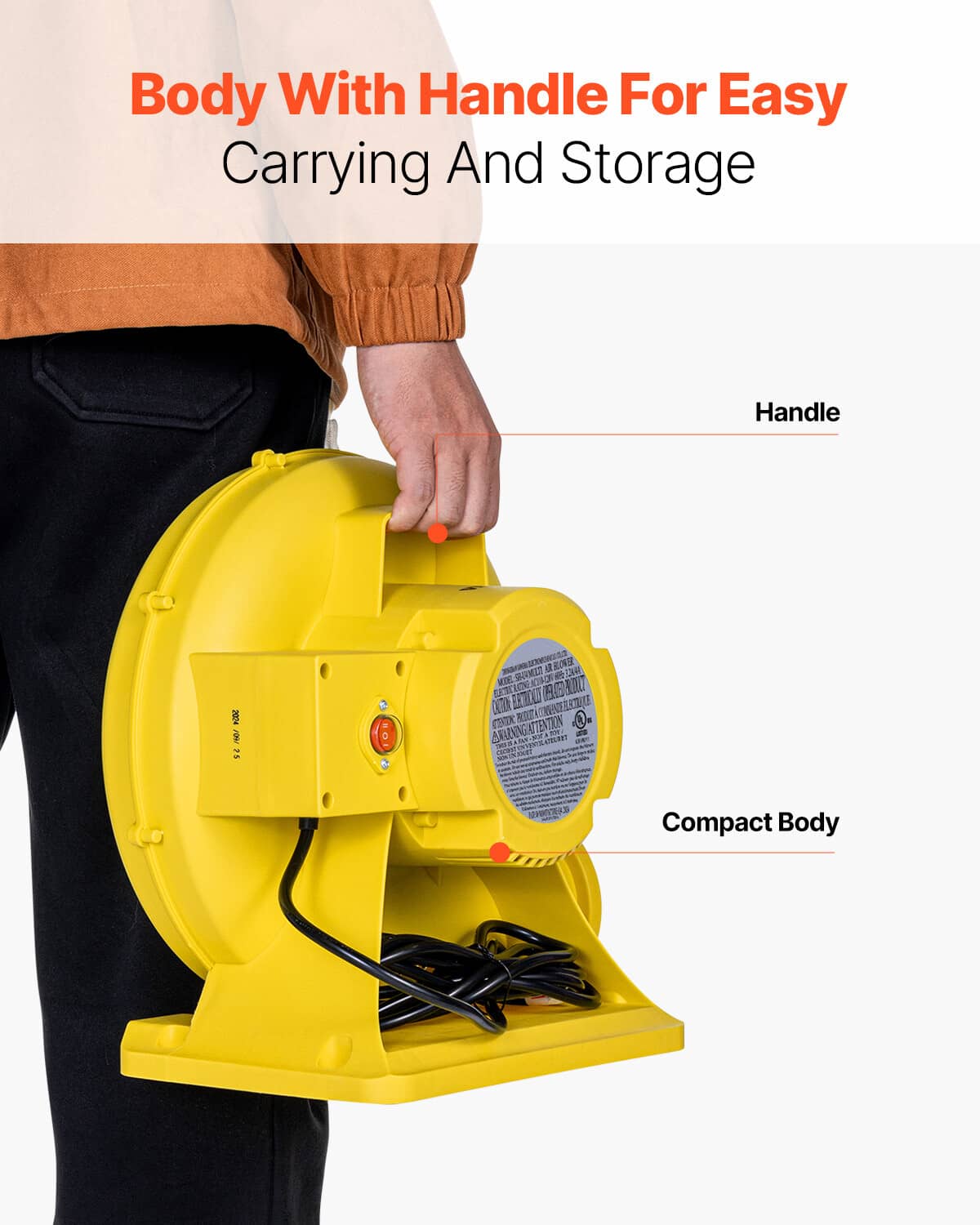 Yellow blower pump fan with carry handle, compact body, and side power control