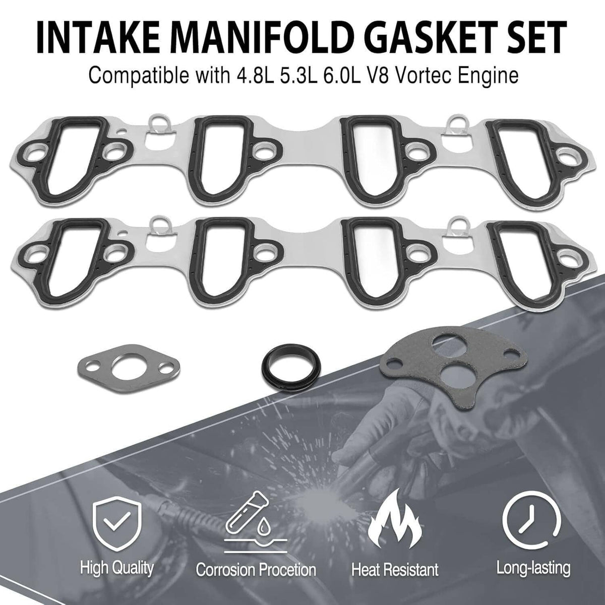 Intake manifold gasket set with multiple metal-backed gasket shapes and rubber seals