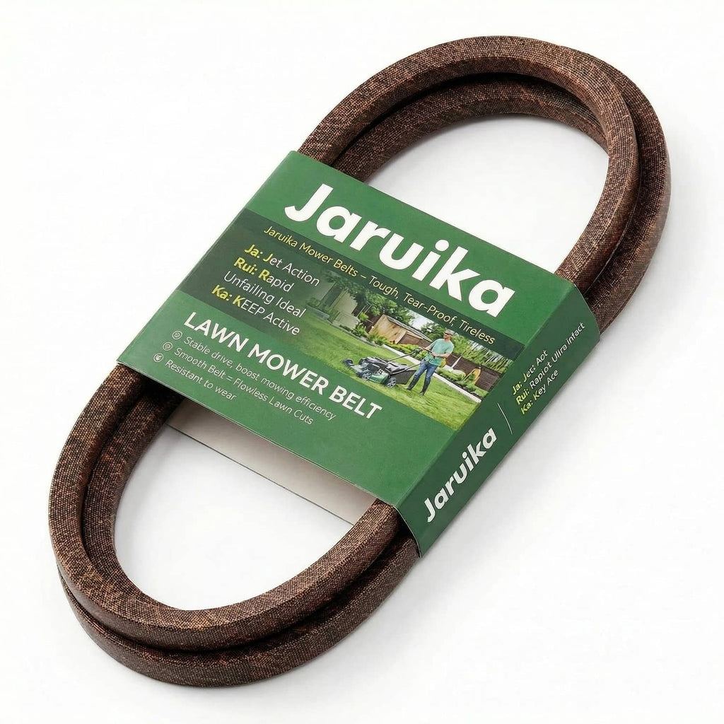 Brown lawn mower deck drive belt replacement in branded green retail packaging
