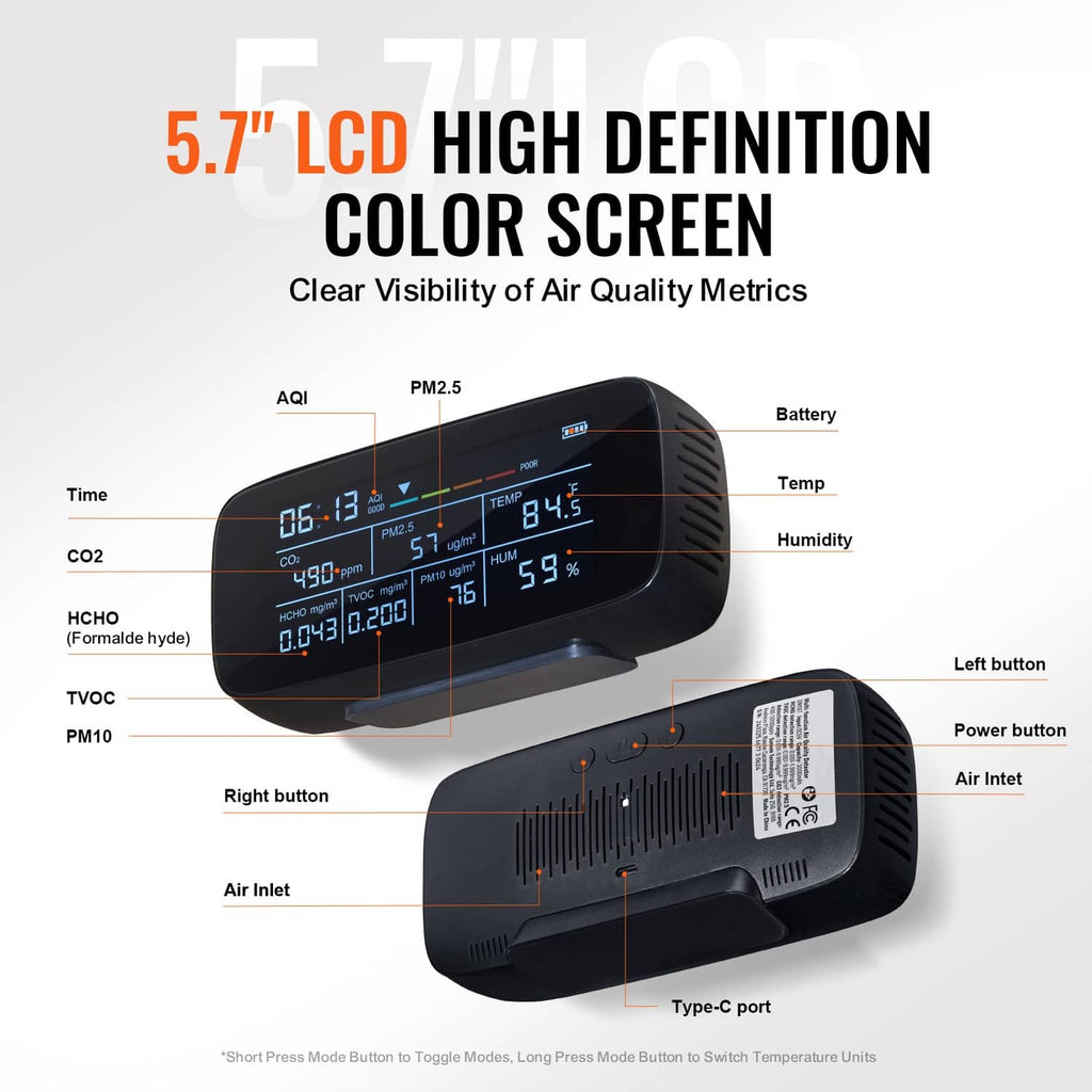 Air quality monitor with front LCD and side vents, showing multiple air quality metrics