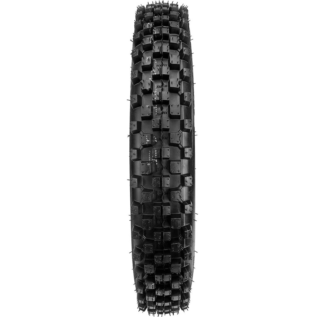 Knobby tire side view, black rubber with squared tread blocks.
