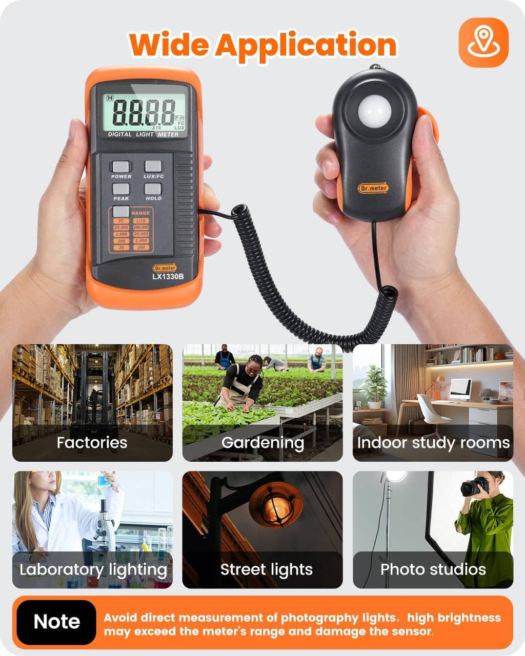 Digital lux light meter held in hand with coiled sensor probe and dome detector