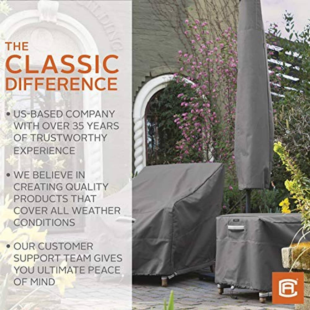 Dark gray square air conditioner cover with top flap and side panels outdoors