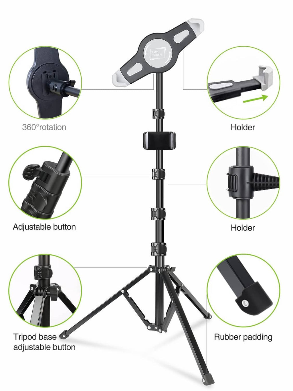 Adjustable iPad tripod stand with padded holder and three-leg base