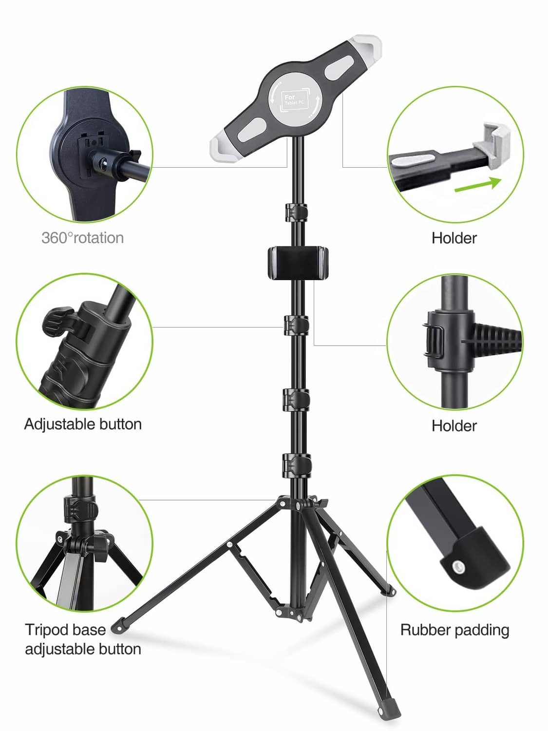 Adjustable iPad tripod stand with padded holder and three-leg base