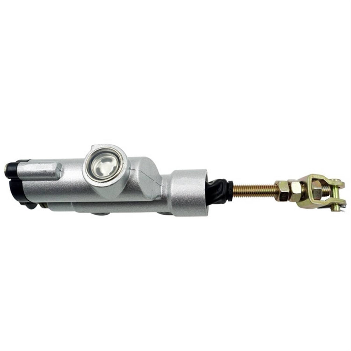 Rear brake master cylinder pump, silver side profile with threaded rod and bracket