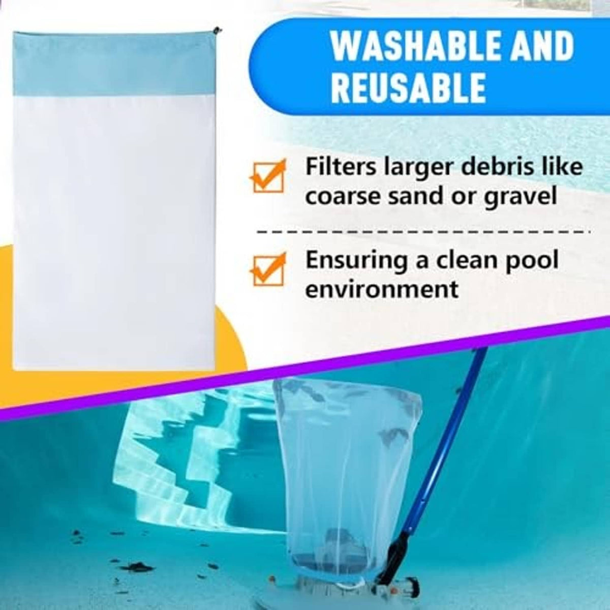 Pool replacement bag, white mesh with light-blue top band and hanging tie cord