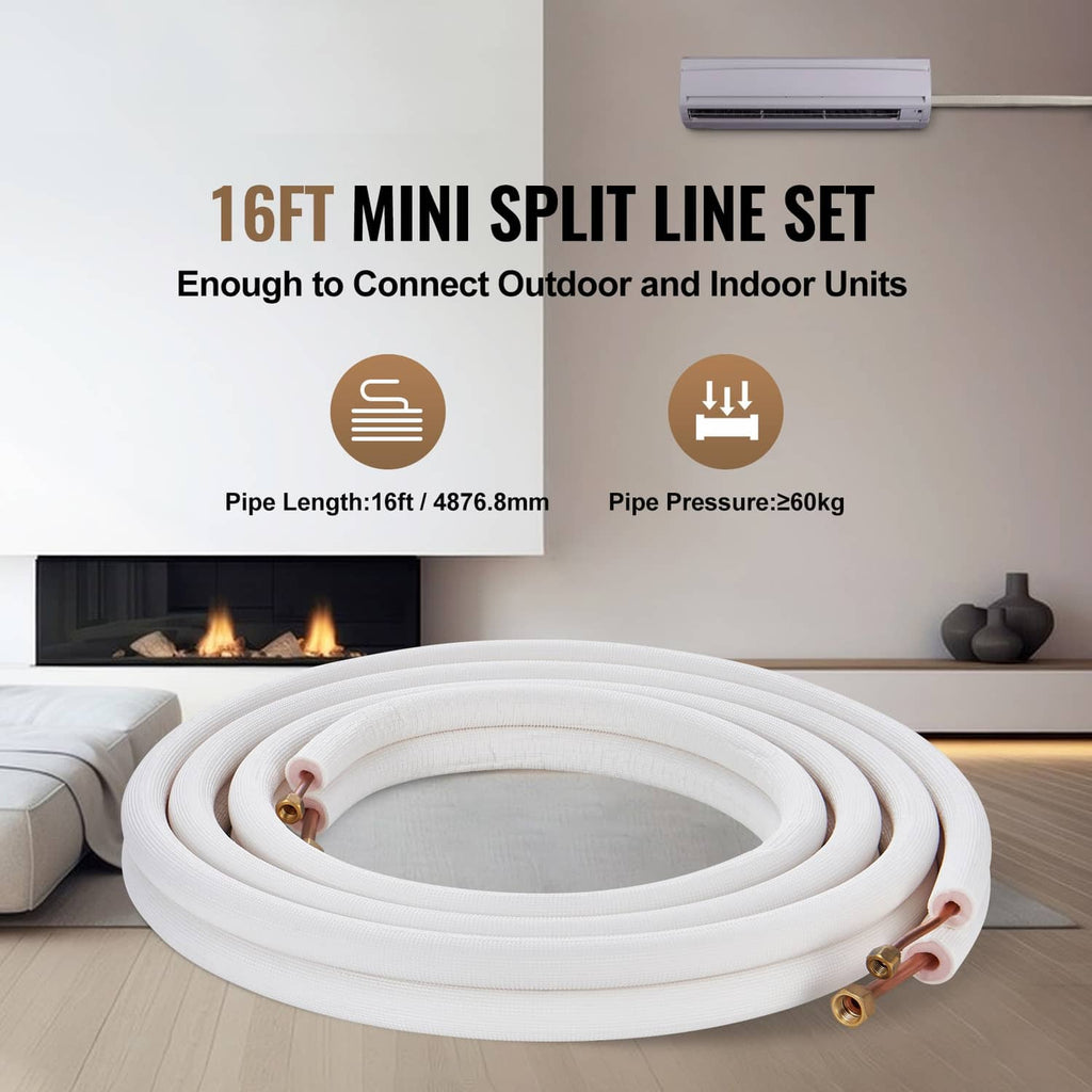 Coiled insulated mini split line set with copper ends for connecting indoor and outdoor units