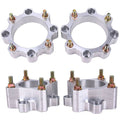 Silver aluminum wheel spacer set with mounting studs and gold nuts, two-piece view