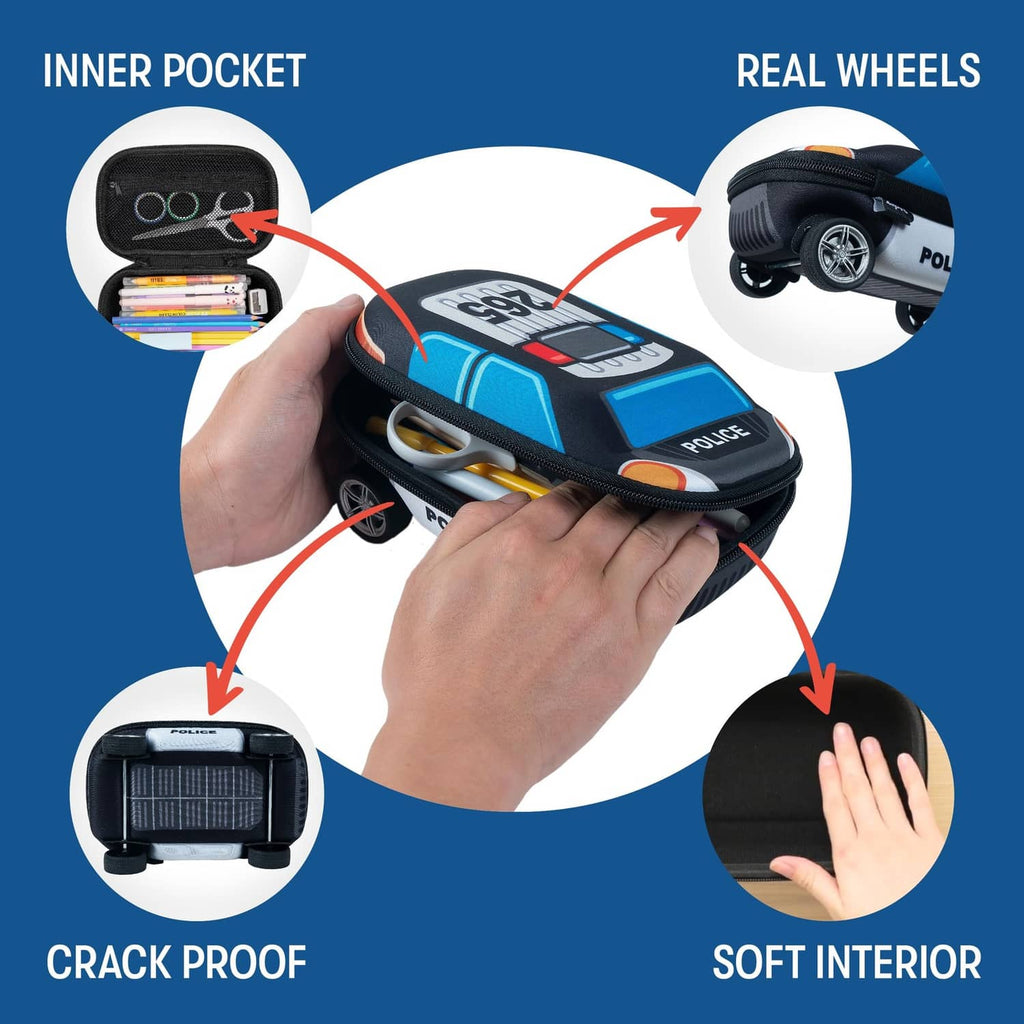 Blue police car pencil case shown open with inner pocket and soft interior
