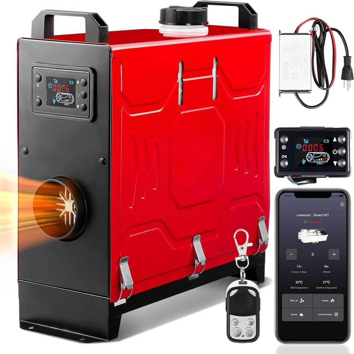 Red diesel air heater with gray side panel and handle, front view