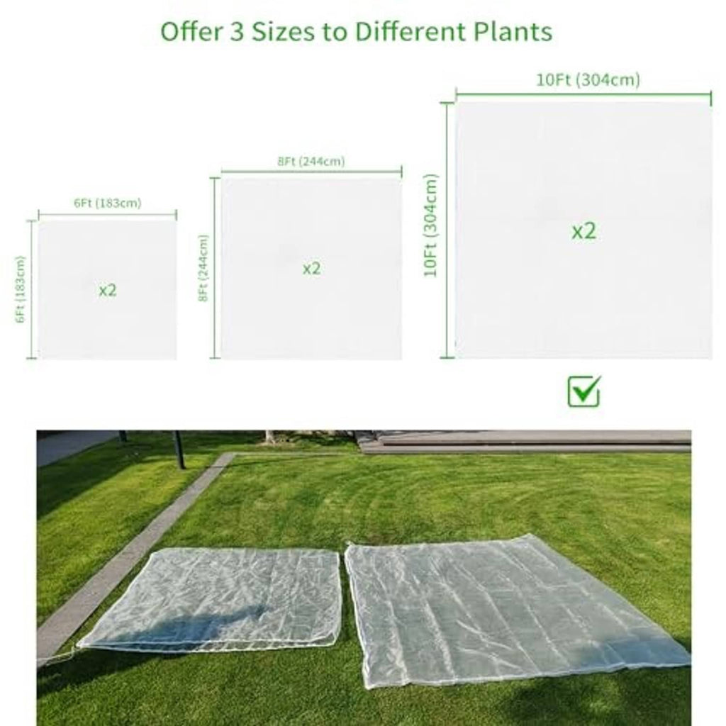 Large fruit tree netting bags, white mesh covers laid flat on lawn for sizing