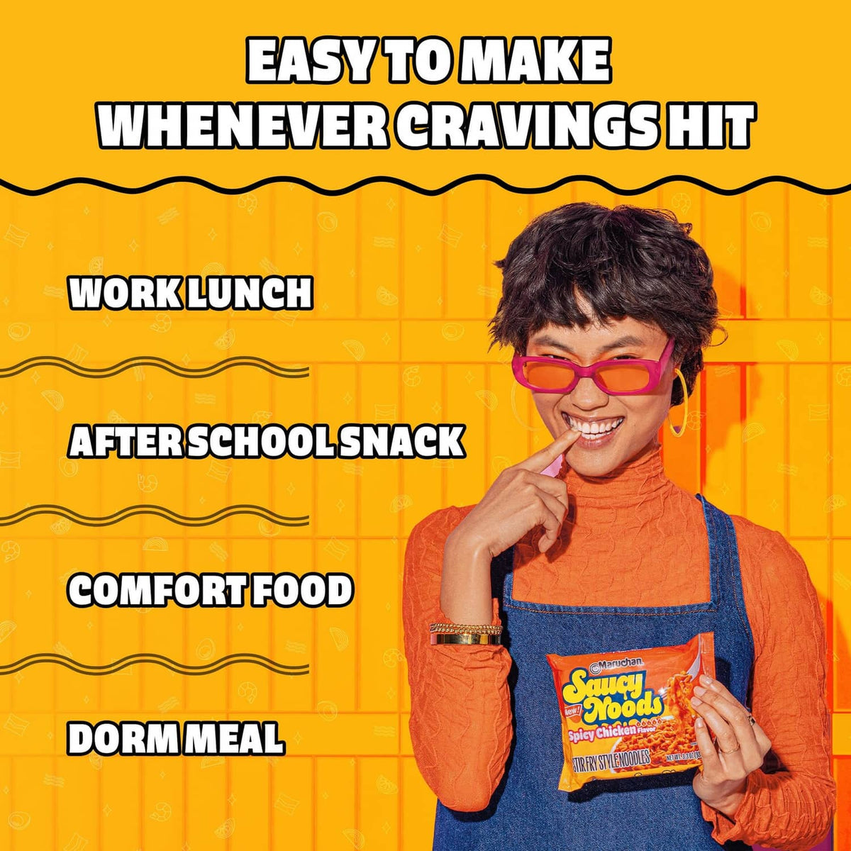 Maruchan Saucy Noods spicy chicken noodles pouch held for quick meal