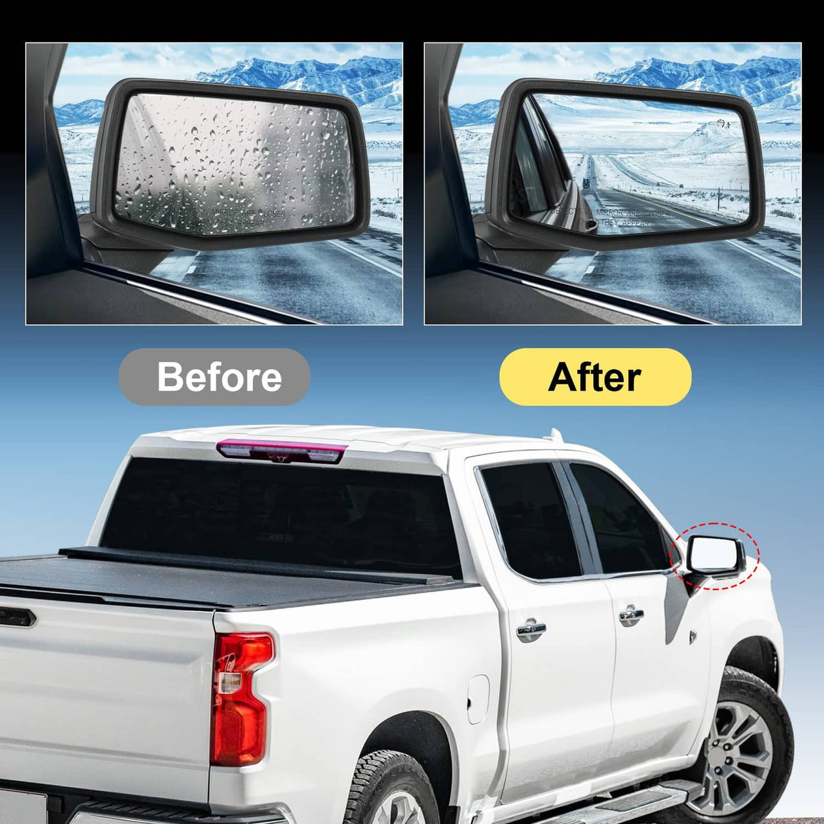 Passenger side door mirror on white pickup, rain-speckled glass shown