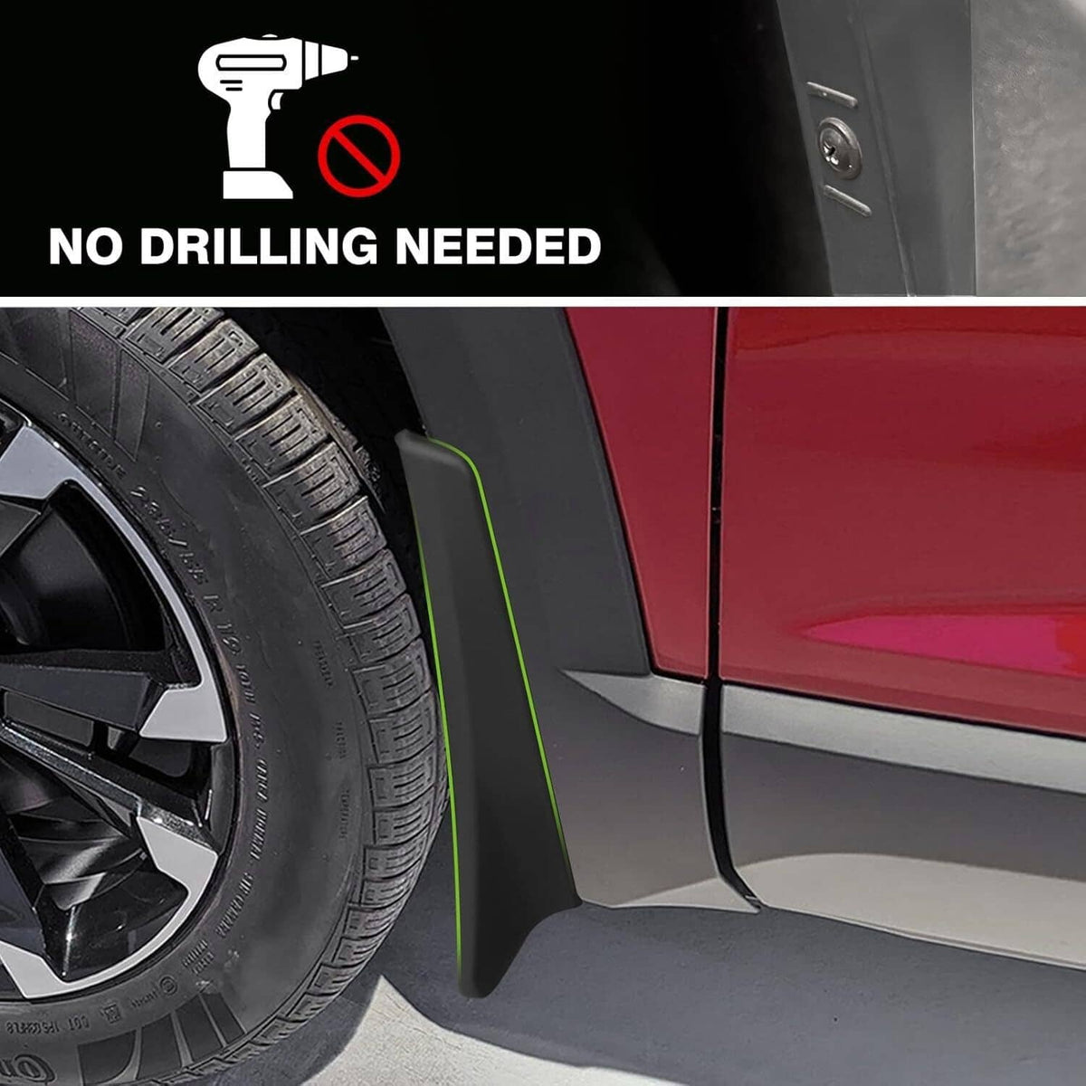 Black mud flap splash guard fitted beside the wheel without drilling