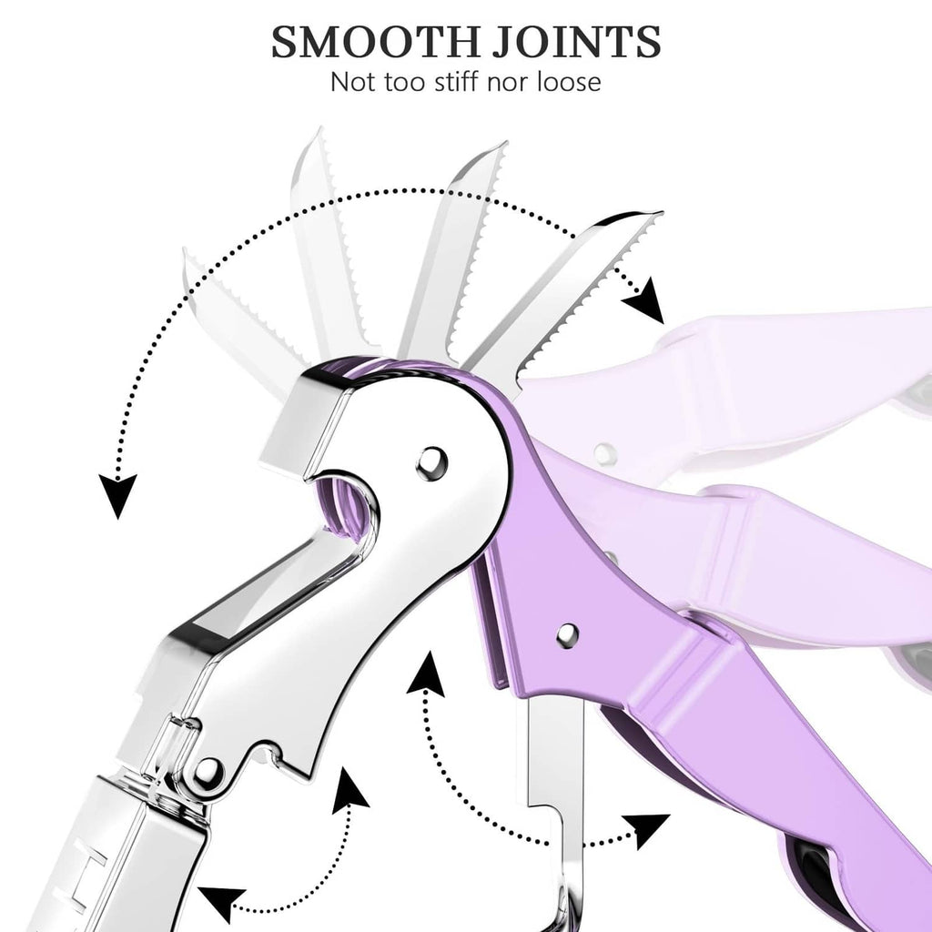 Lilac and silver corkscrew with smooth hinge and extended tip for extracting cork