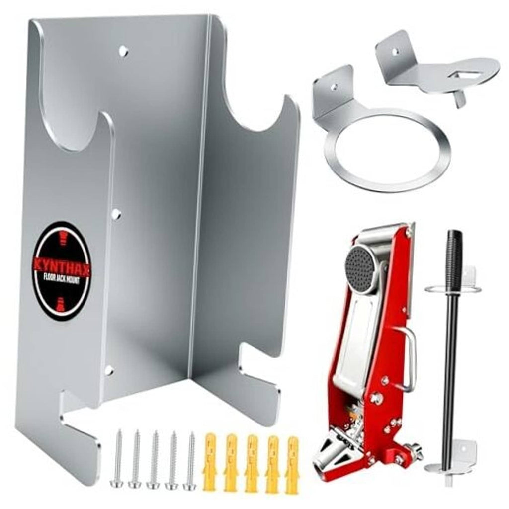 Wall-mount floor jack stand storage rack holder, light gray steel with mounting hardware