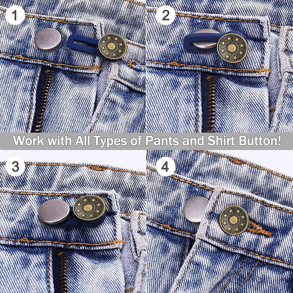Waist extender clips fastened to denim waistband with round coin button centers