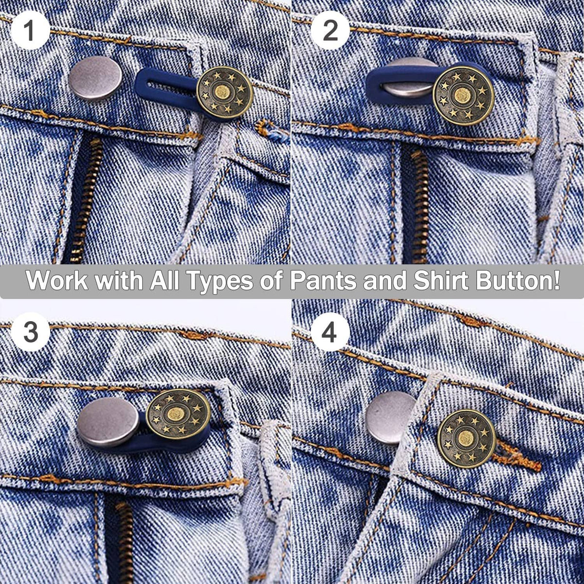 Waist extender clips fastened to denim waistband with round coin button centers